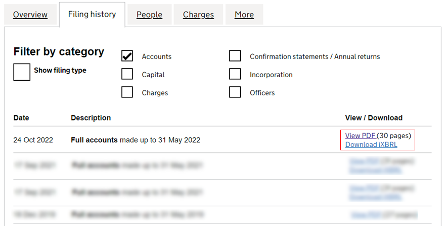Filing history filtered by accounts, with links to the full accounts as PDF and iXBRL