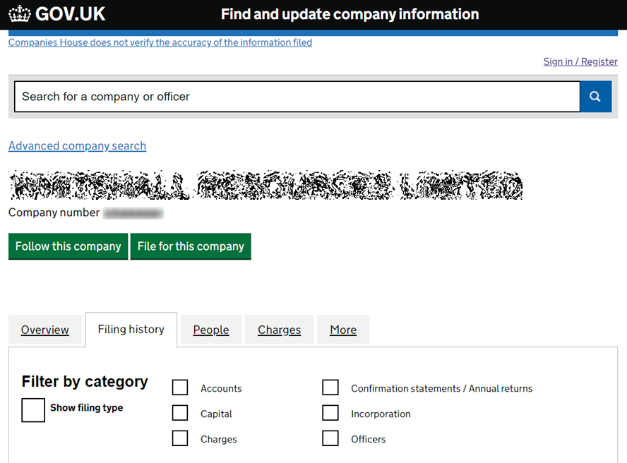 A company's filing history on Companies House, with the filter by category