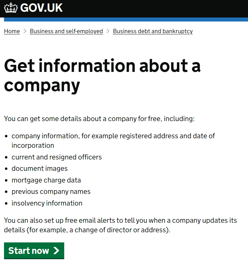 GOV.UK page Get information about a company, with the Start now button