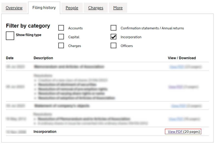 Filing history filtered by incorporation, with the link to the incorporation documents