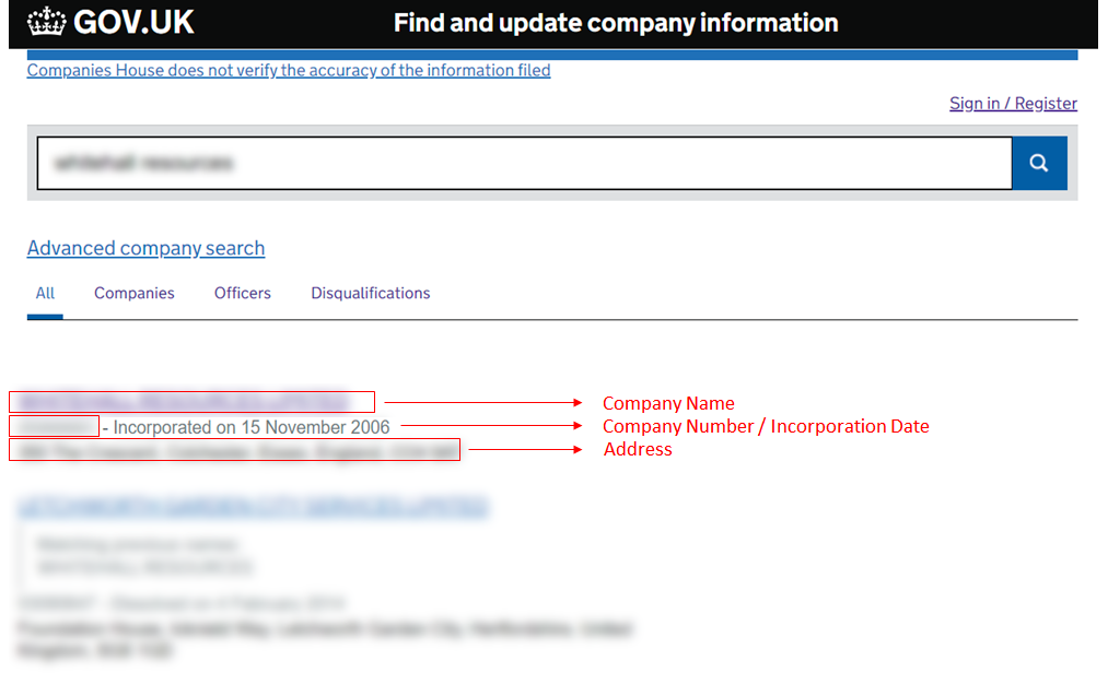 Companies House search results showing the company name, company number, incorporation date and address