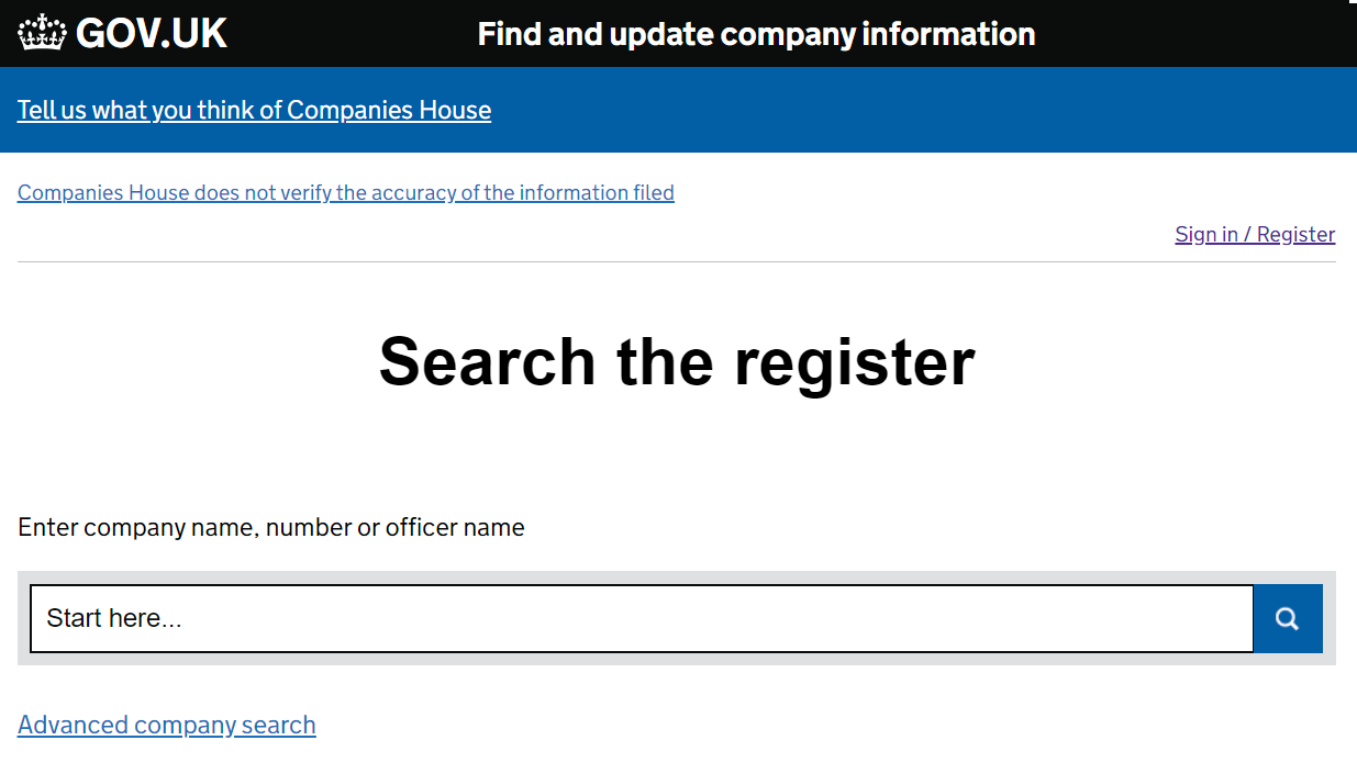 Companies House search page: enter a company name, number or officer name