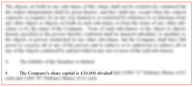 Extract from the articles of association: the company's share capital is £10,000