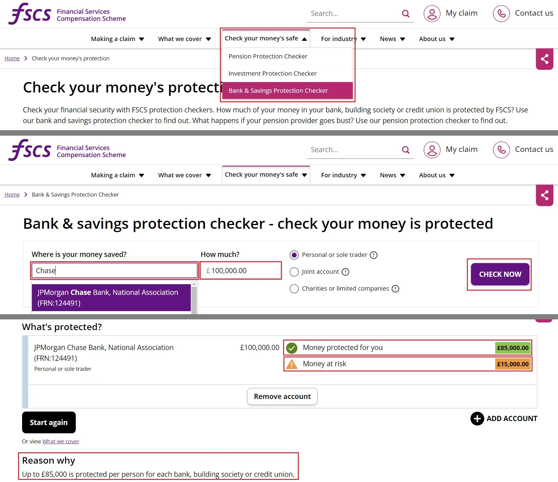 FSCS bank and savings protection checker: £100,000 at one bank, with £85,000 protected and £15,000 at risk under the old limit
