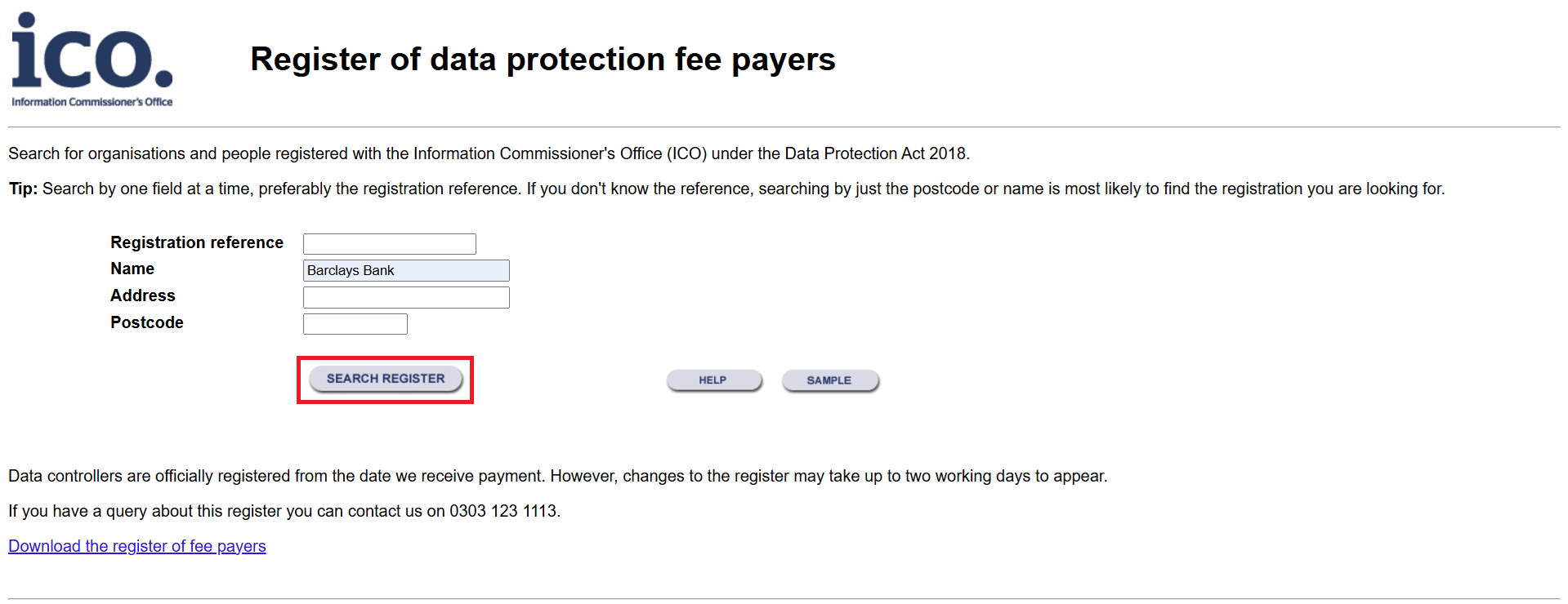 ICO register of data protection fee payers: search by registration reference, name, address or postcode