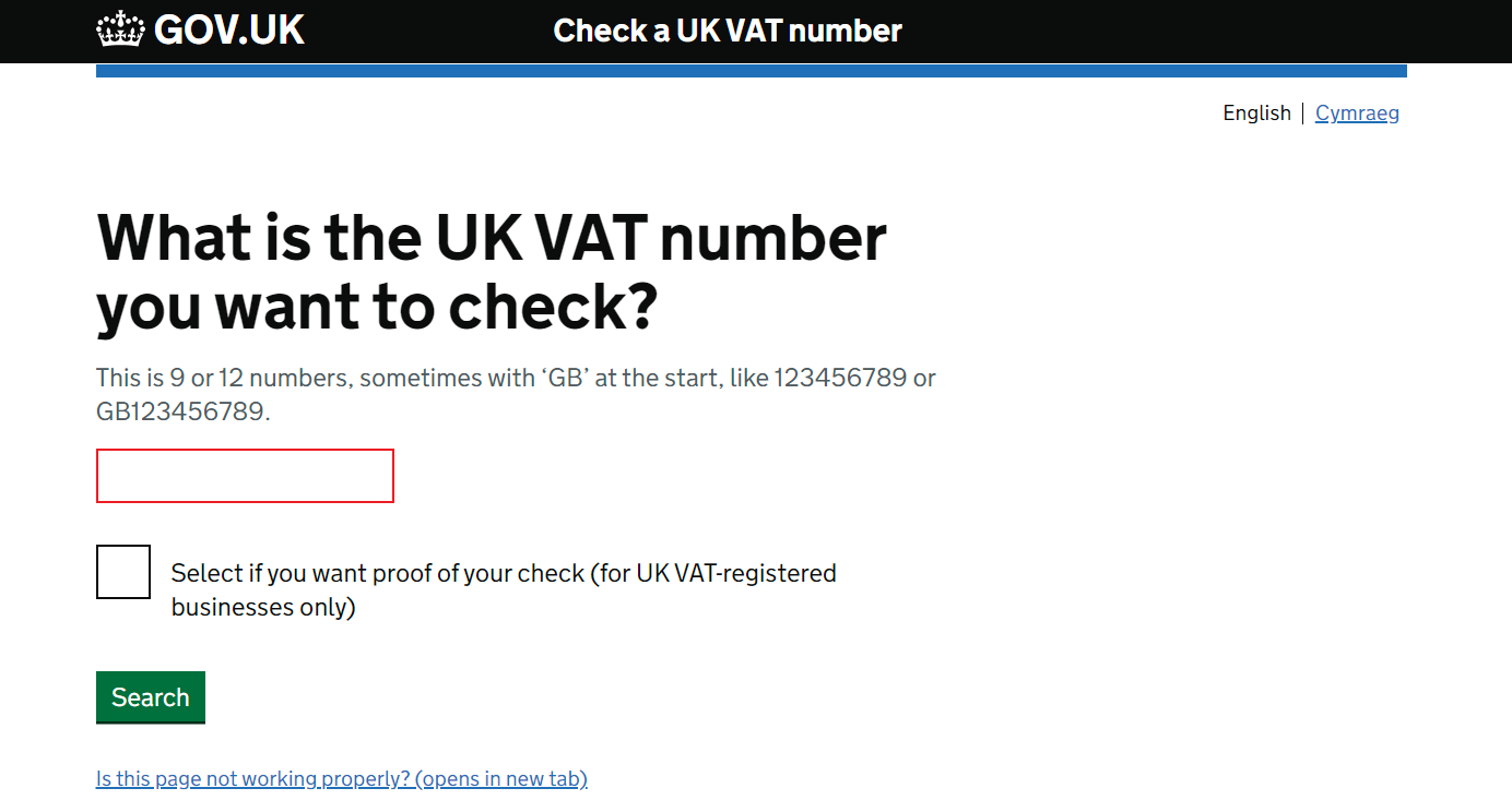 GOV.UK page Check a UK VAT number: What is the UK VAT number you want to check?