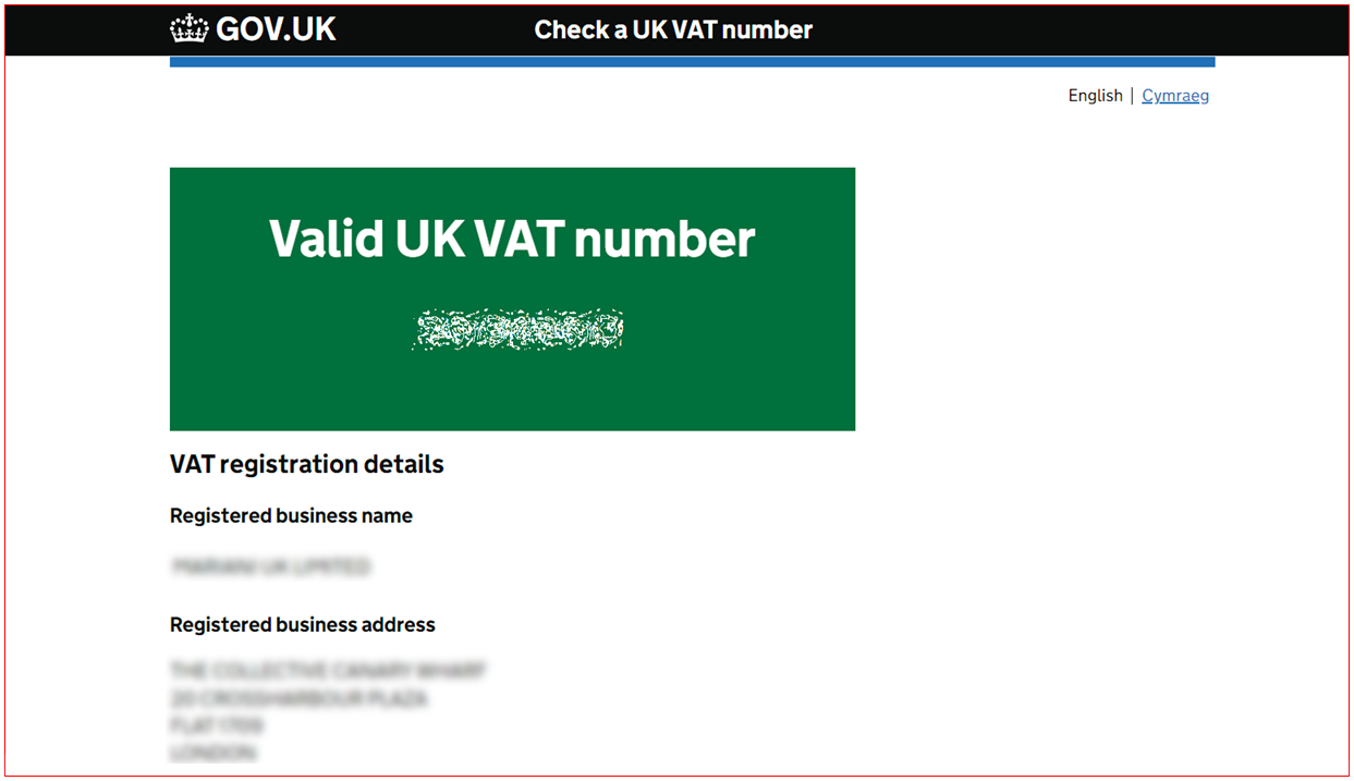 Result Valid UK VAT number, with the registered business name and address blurred