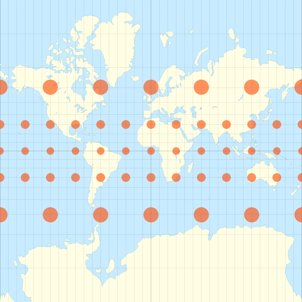 Mercator world map with Tissot's indicatrices: circles 1,000 km across on the globe grow towards the poles