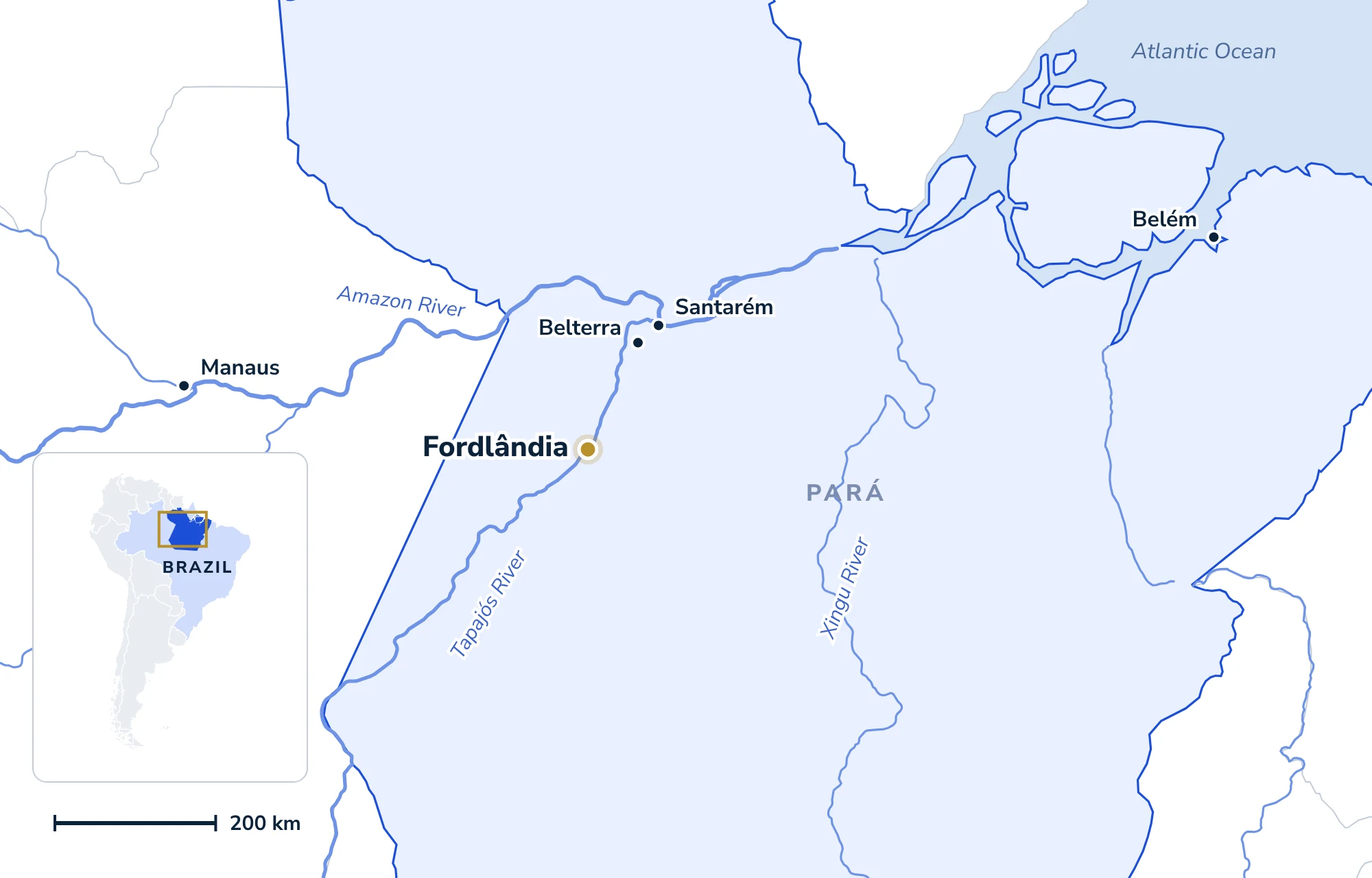 Map of the state of Pará, Brazil: Fordlândia on the Tapajós River, south of Belterra and Santarém, between Manaus and Belém, with a small map of South America